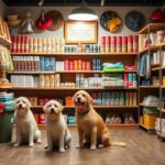 Professional business planning for a pet store, featuring pet products like food, toys, and grooming tools, alongside financial documents and a laptop, symbolizing the steps of creating a pet store business plan