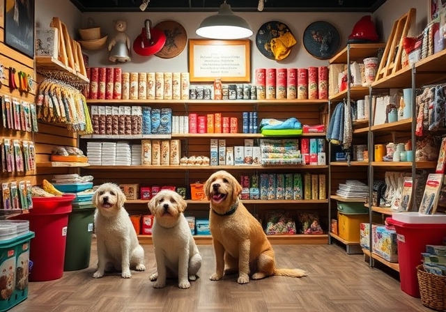 Professional business planning for a pet store, featuring pet products like food, toys, and grooming tools, alongside financial documents and a laptop, symbolizing the steps of creating a pet store business plan